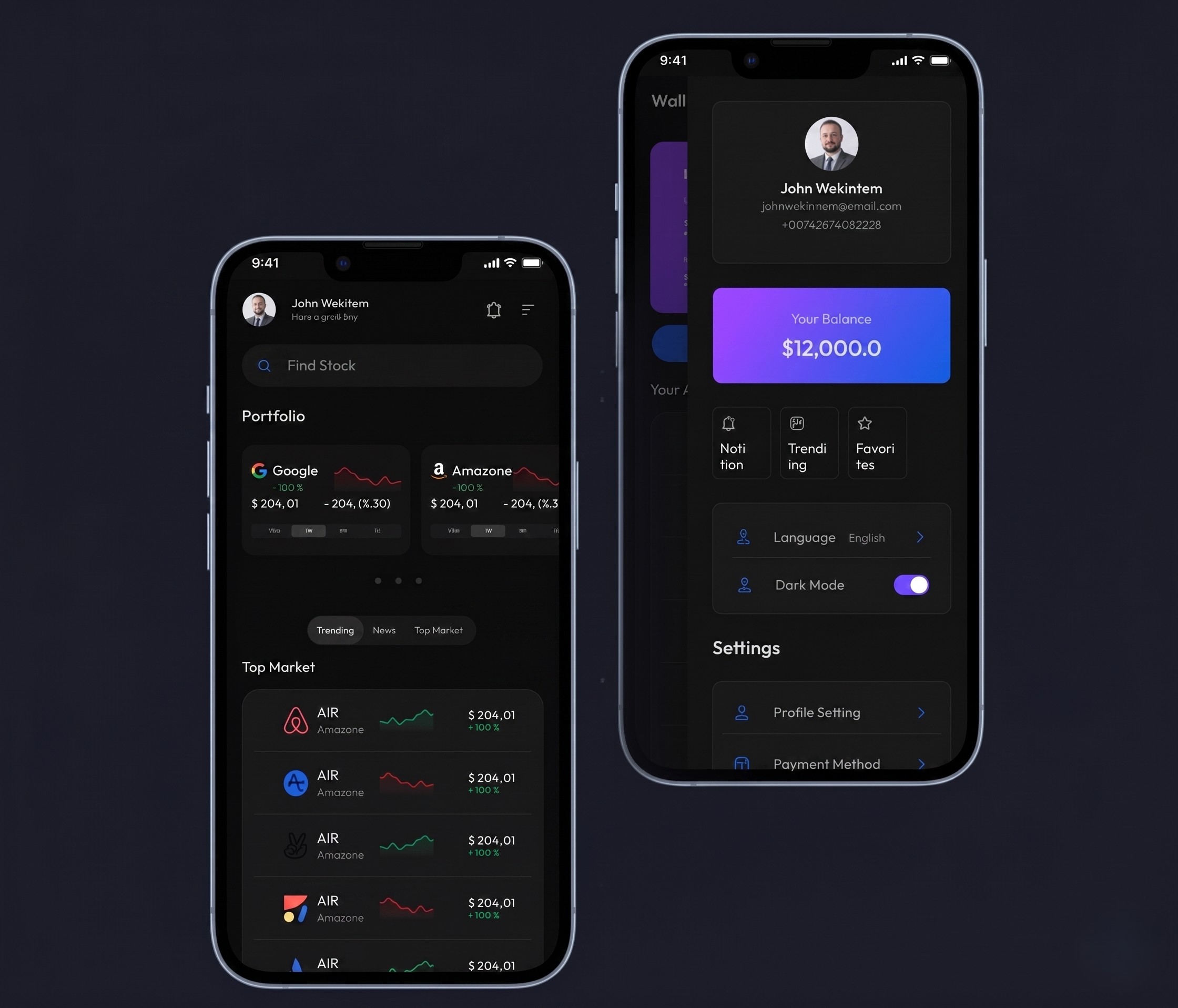 A clean and modern mobile application dashboard showing real-time market tracking, portfolio monitoring tools, and personalized user settings.