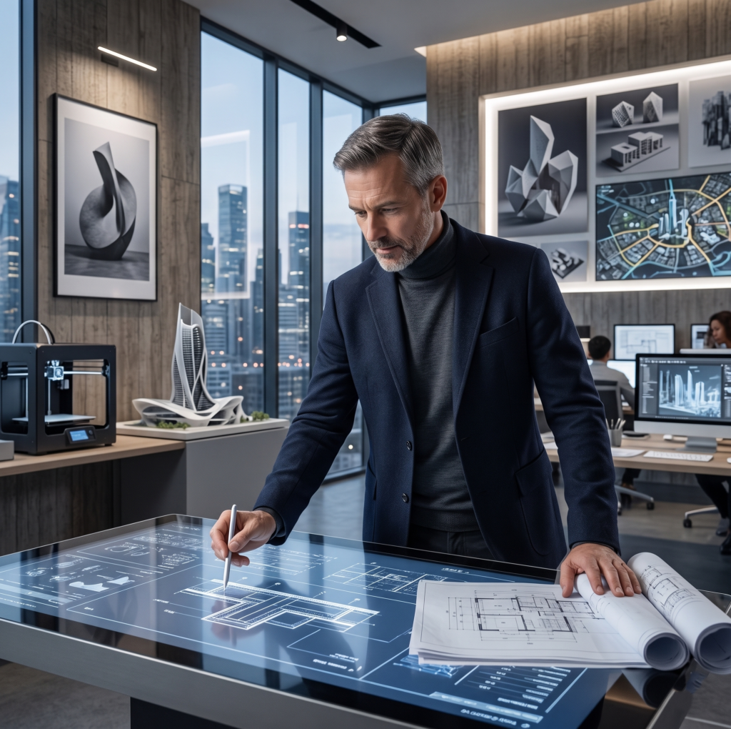 A professional analyst using a digital touch-screen interface to map out complex market data and architectural financial structures.