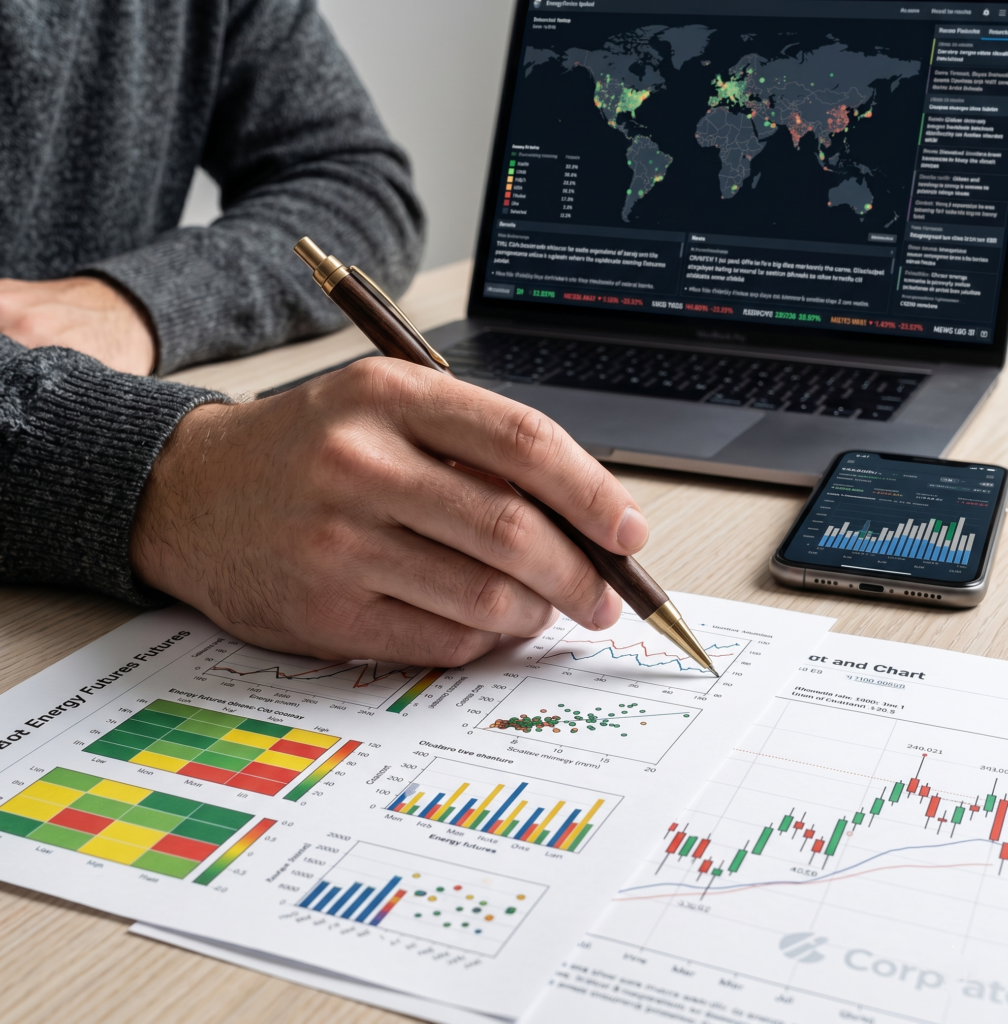 A close-up of a trader reviewing printed analytical charts and global market heatmaps on a laptop to perform deep quantitative research.